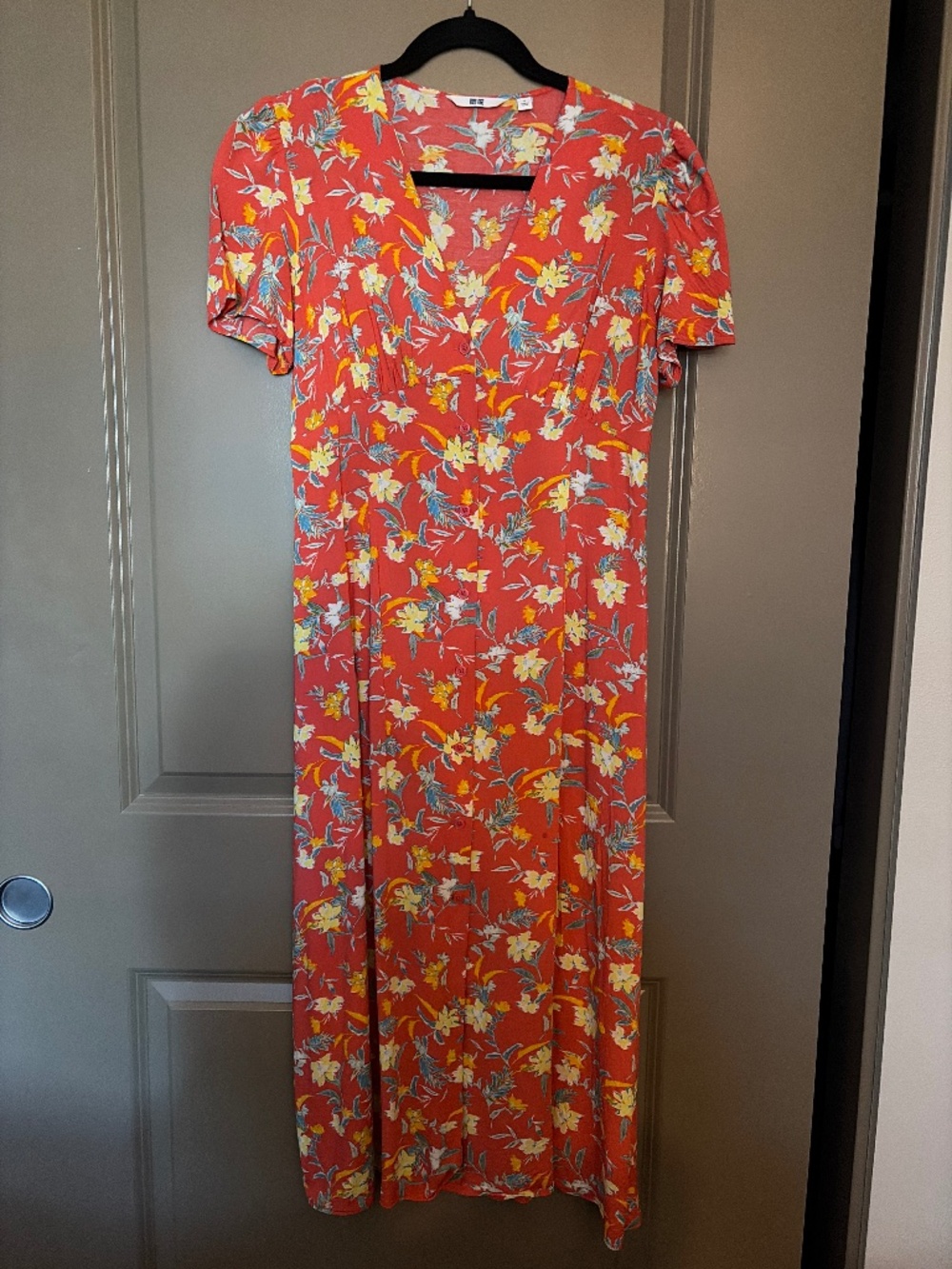Uniqlo Red Printed V-Neck Short-Sleeve Flare Dress